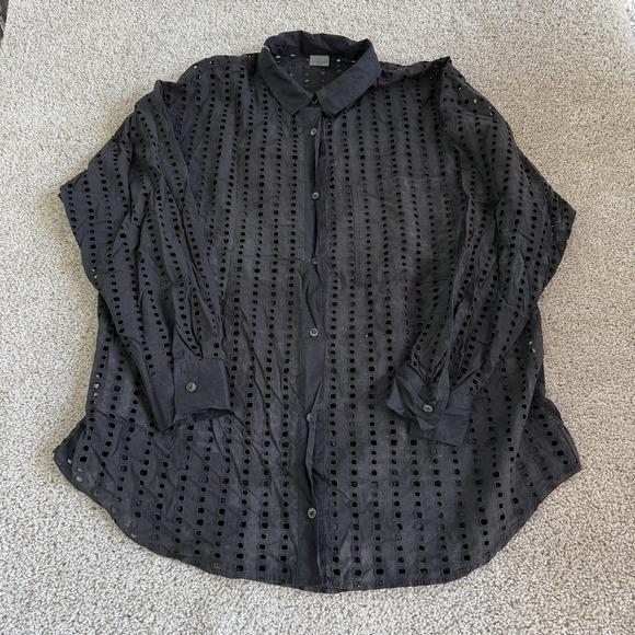 Calia Tops - Calia Tunic Shirt Womens XL Black Sheer Geometric Eyelet Button Up Long Sleeve